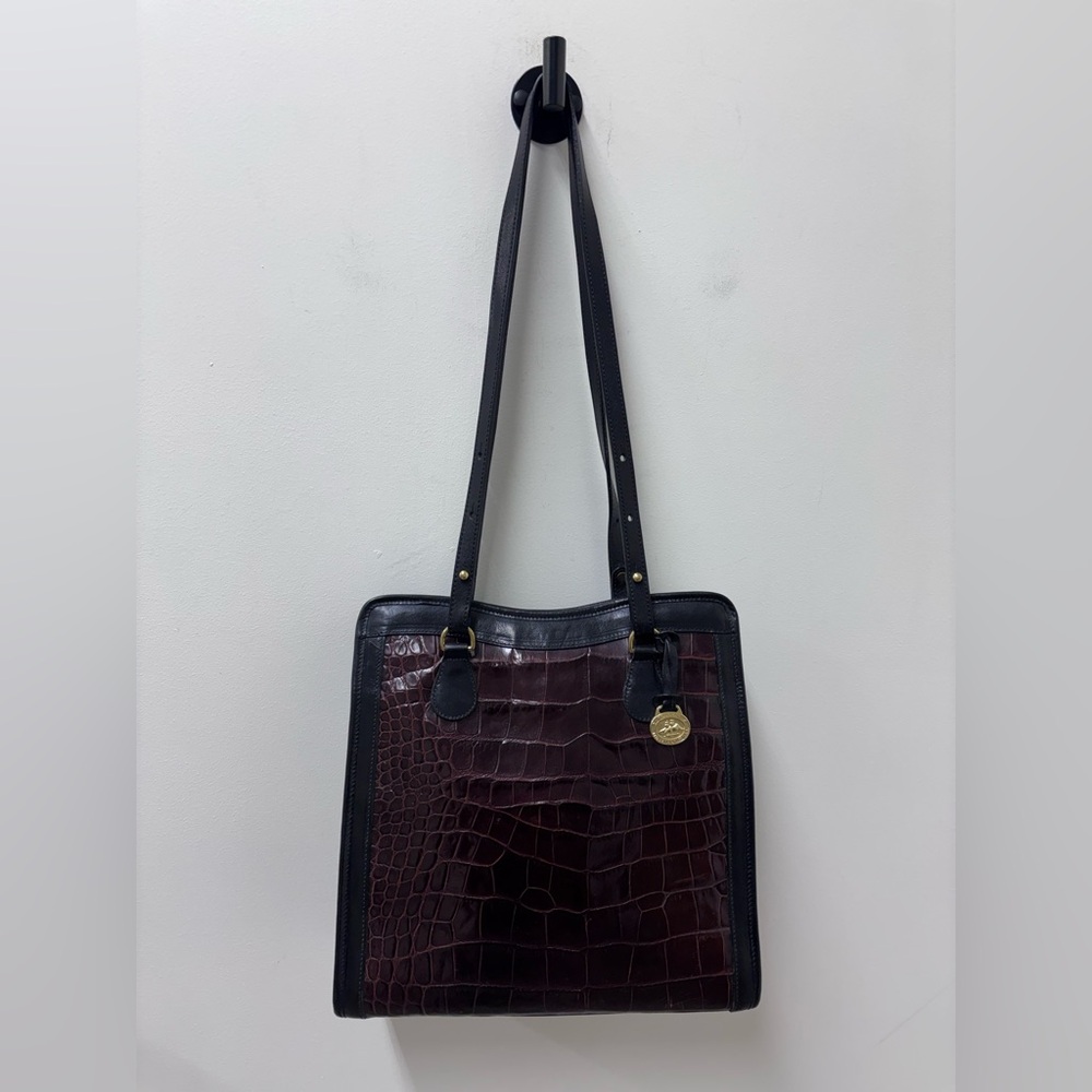 Vintage Brahmin Black and Brown Croc-Embossed Shoulder Bag